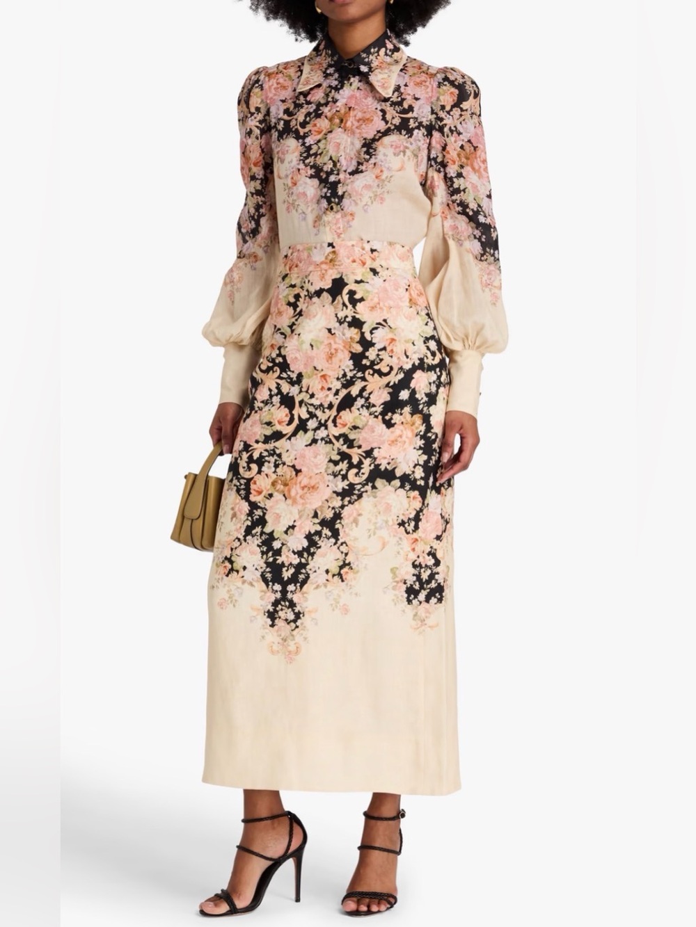 New Zimmermann  Floral Print Linen Silk Blouse & Maxi Skirt Set Cream Size 2